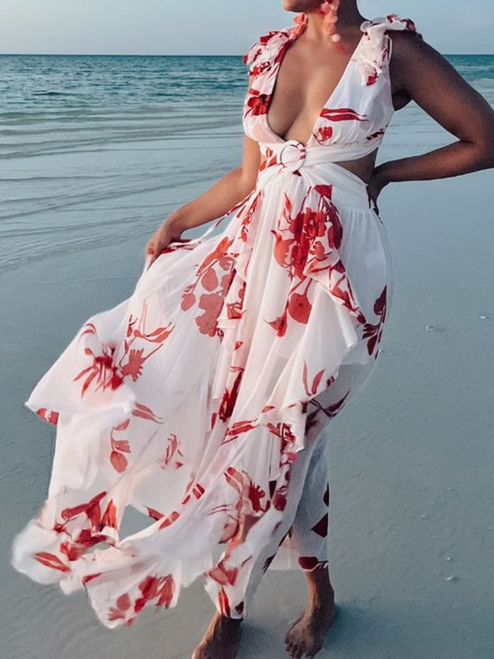 White & Red Floral Cut Out V-Neck Maxi Dress with Belt
